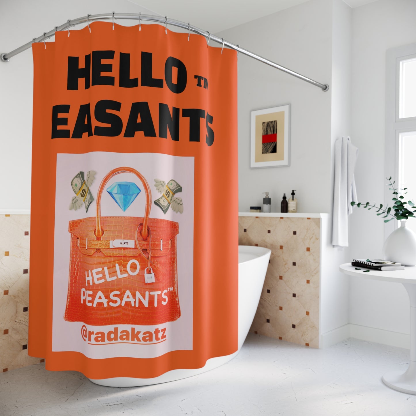 HELLO PEASANTS ™ Designer Shower Curtain by @radakatz