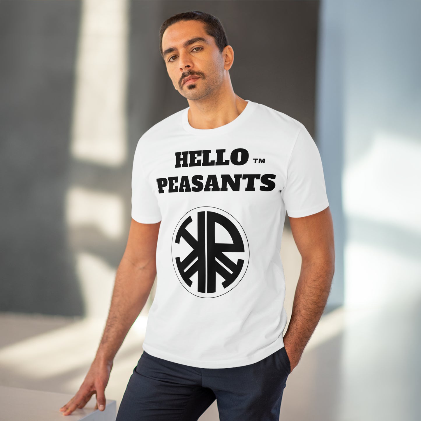 Organic Cotton HELLO PEASANTS ™ Designer Logo Unisex T-shirt by @radakatz