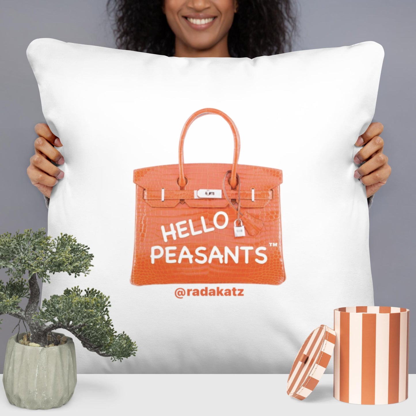 Orange Birkin HELLO PEASANTS ™ Designer pillow by @radakatz